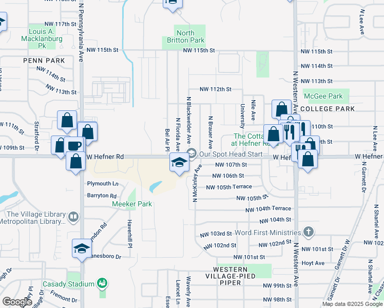 map of restaurants, bars, coffee shops, grocery stores, and more near 10901 North Blackwelder Avenue in Oklahoma City