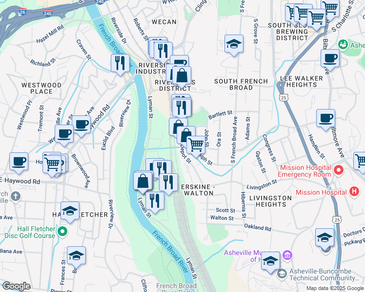 map of restaurants, bars, coffee shops, grocery stores, and more near 372 Depot Street in Asheville