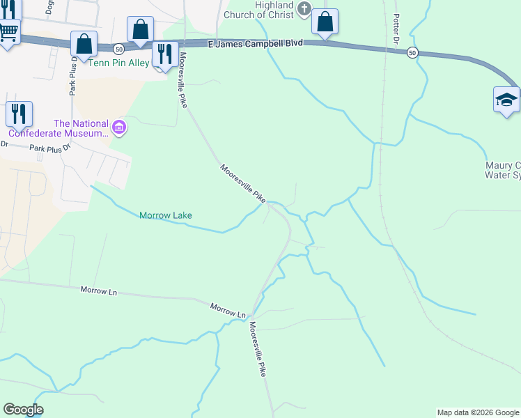map of restaurants, bars, coffee shops, grocery stores, and more near 836 Mooresville Pike in Columbia