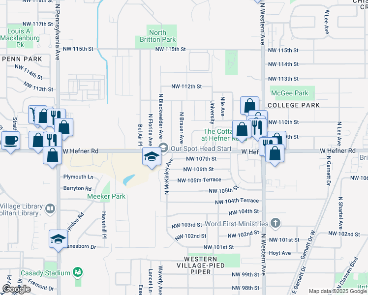 map of restaurants, bars, coffee shops, grocery stores, and more near 10900 North Brauer Avenue in Oklahoma City