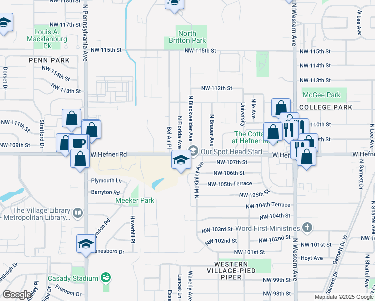 map of restaurants, bars, coffee shops, grocery stores, and more near 10901 North Blackwelder Avenue in Oklahoma City