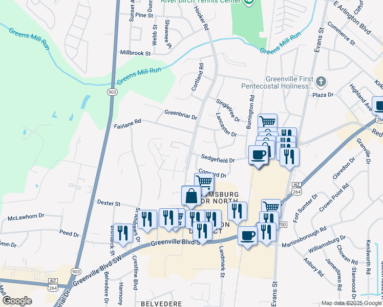 map of restaurants, bars, coffee shops, grocery stores, and more near 1401 Hooker Road in Greenville