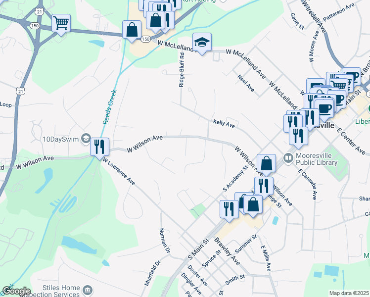 map of restaurants, bars, coffee shops, grocery stores, and more near 424 Ogburn Street in Mooresville