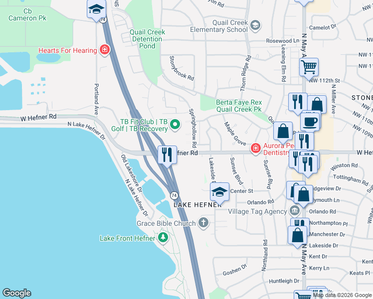 map of restaurants, bars, coffee shops, grocery stores, and more near 3331 West Hefner Road in Oklahoma City