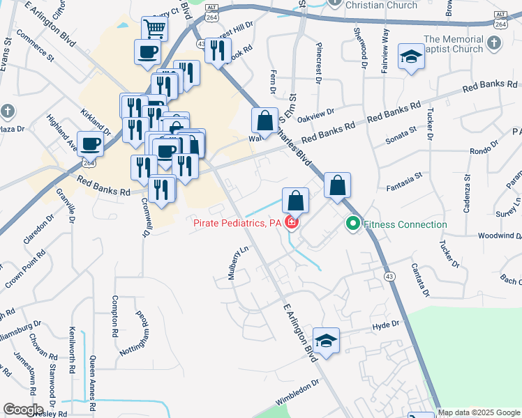 map of restaurants, bars, coffee shops, grocery stores, and more near 1121 Turtle Creek Road in Greenville