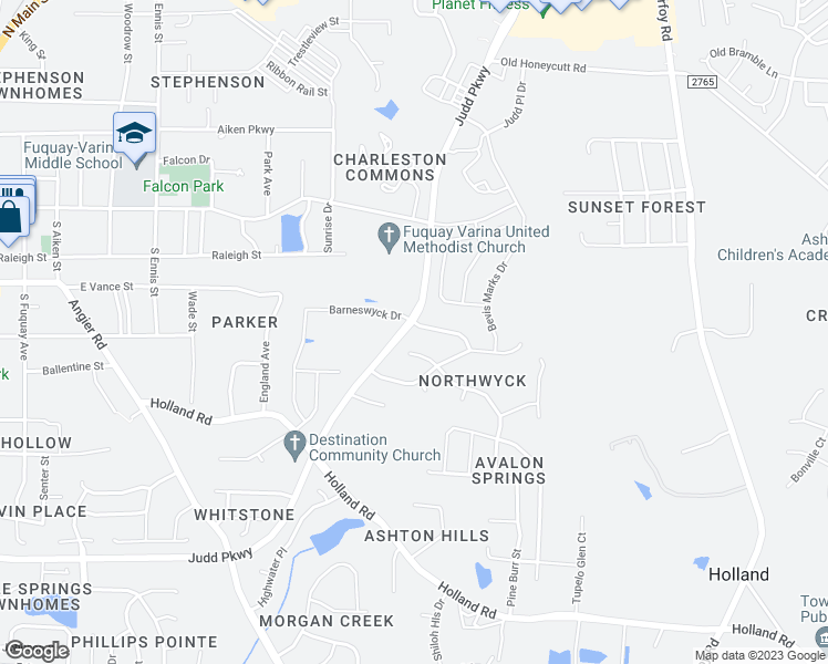 map of restaurants, bars, coffee shops, grocery stores, and more near 532 Barneswyck Drive in Fuquay Varina