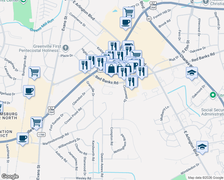 map of restaurants, bars, coffee shops, grocery stores, and more near 3080 Dartmouth Drive in Greenville