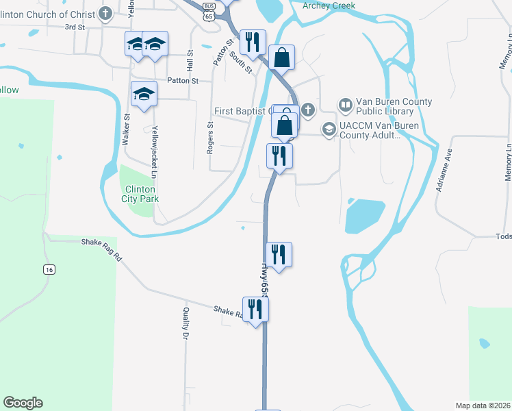 map of restaurants, bars, coffee shops, grocery stores, and more near 1076 Highway 65 South in Clinton
