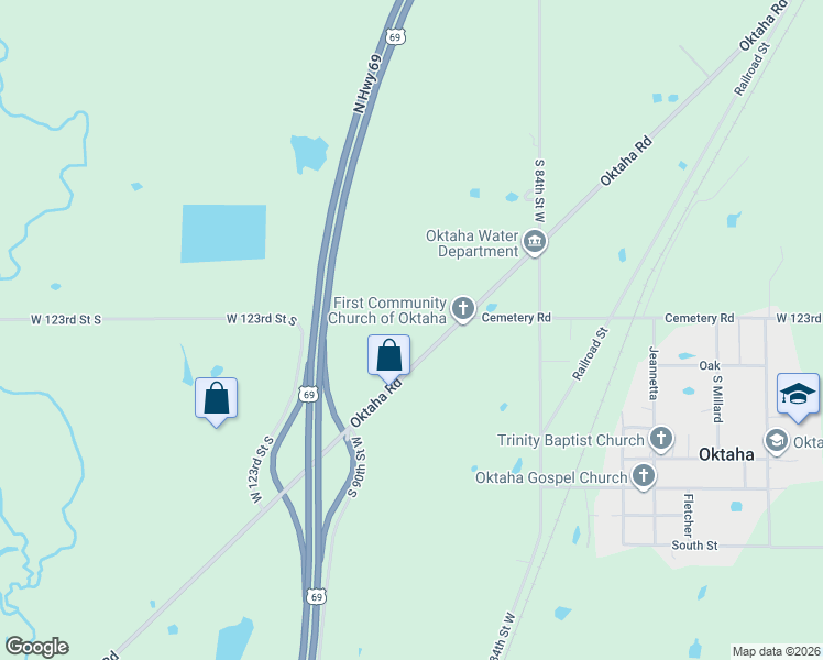 map of restaurants, bars, coffee shops, grocery stores, and more near 12310 Oktaha Road in Oktaha