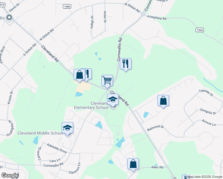map of restaurants, bars, coffee shops, grocery stores, and more near 2856 Cornwallis Road in Garner