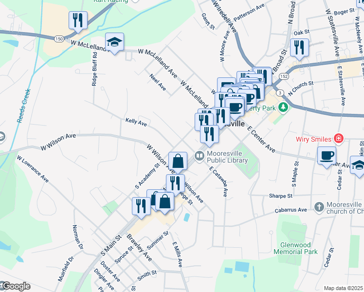 map of restaurants, bars, coffee shops, grocery stores, and more near 312 South Academy Street in Mooresville