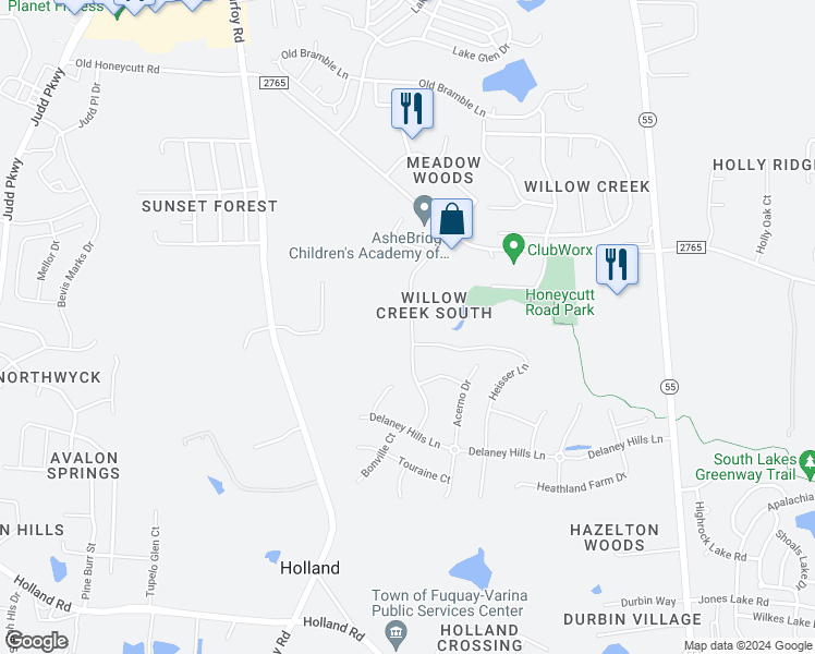 map of restaurants, bars, coffee shops, grocery stores, and more near 236 Ber Creek Drive in Fuquay Varina