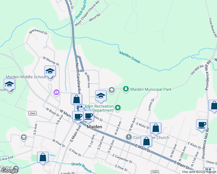map of restaurants, bars, coffee shops, grocery stores, and more near 1 East Cemetery Street in Maiden