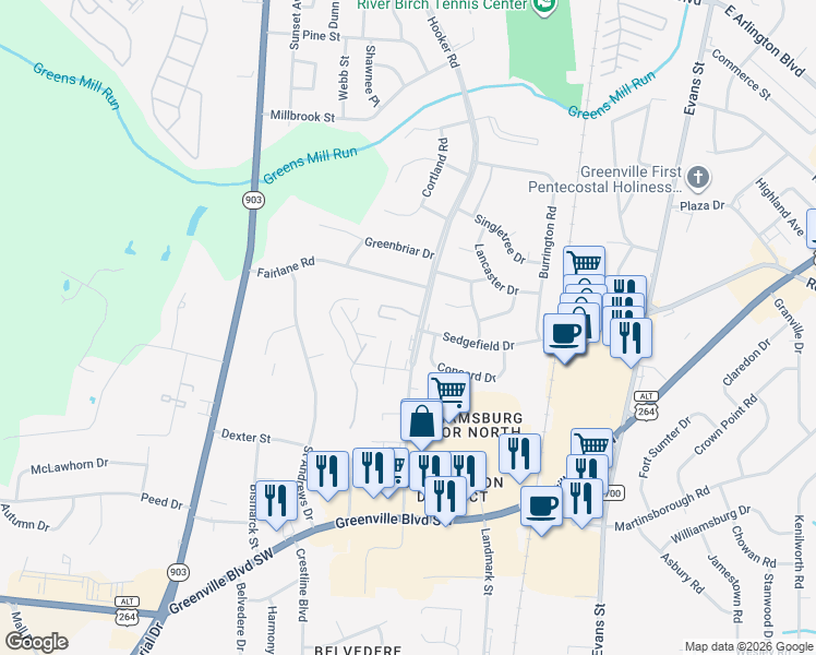 map of restaurants, bars, coffee shops, grocery stores, and more near 1401-1499 Hooker Road in Greenville