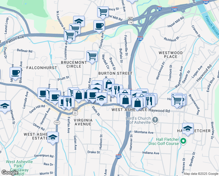 map of restaurants, bars, coffee shops, grocery stores, and more near 39 Baker Avenue in Asheville