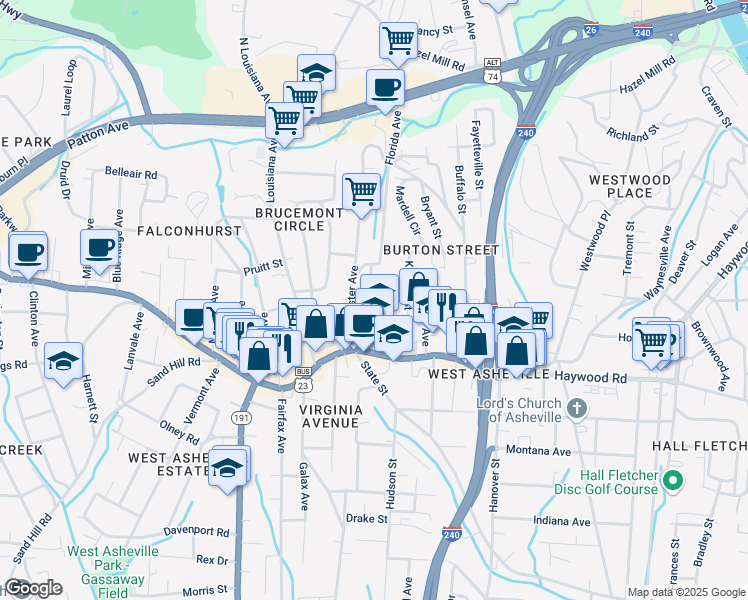 map of restaurants, bars, coffee shops, grocery stores, and more near 38 Martin Avenue in Asheville