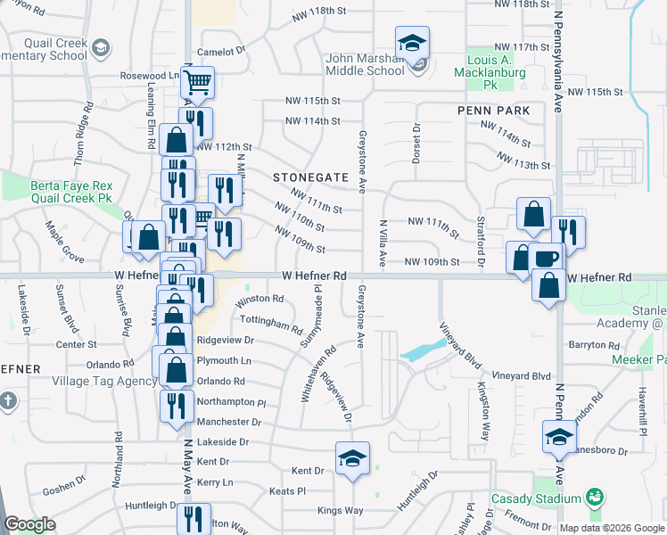 map of restaurants, bars, coffee shops, grocery stores, and more near 10837 North Utica Drive in The Village