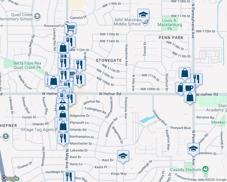 map of restaurants, bars, coffee shops, grocery stores, and more near 10837 North Utica Drive in The Village