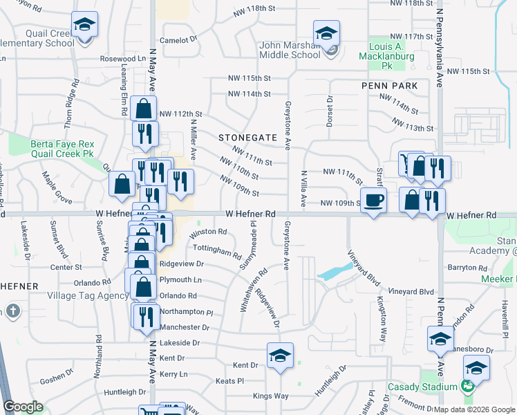 map of restaurants, bars, coffee shops, grocery stores, and more near 10837 North Utica Drive in The Village