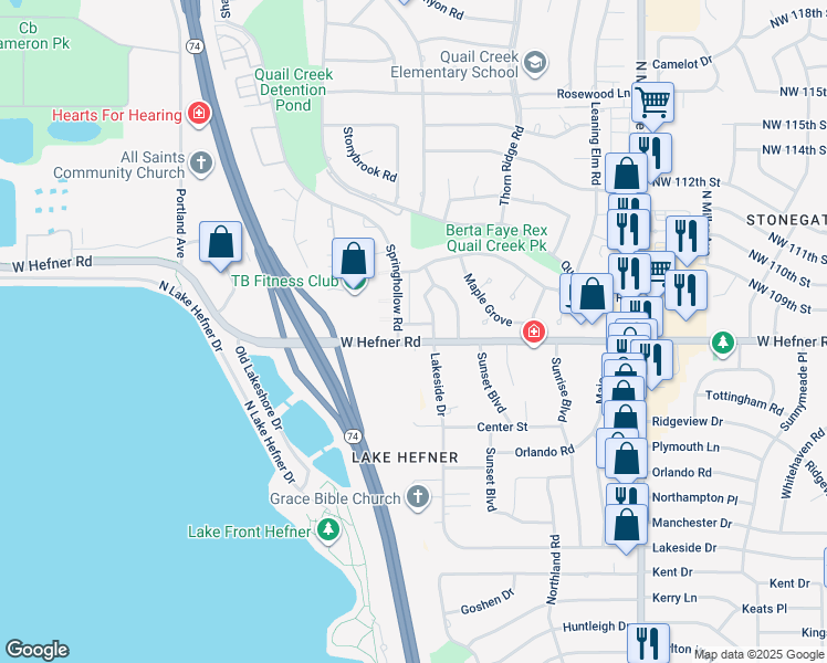 map of restaurants, bars, coffee shops, grocery stores, and more near 3400 West Hefner Road in Oklahoma City