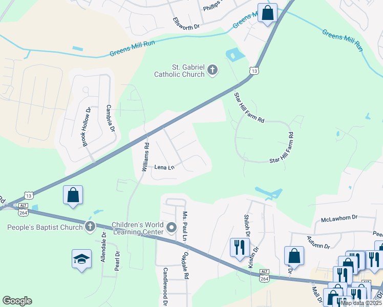 map of restaurants, bars, coffee shops, grocery stores, and more near 3528 Lena Lane in Greenville