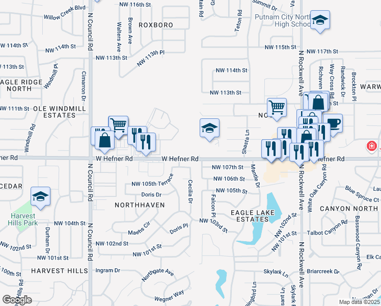 map of restaurants, bars, coffee shops, grocery stores, and more near 7535 West Hefner Road in Oklahoma City