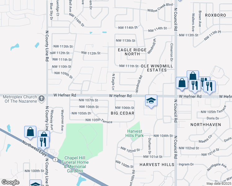 map of restaurants, bars, coffee shops, grocery stores, and more near 10805 Longview Drive in Oklahoma City