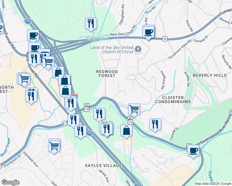 map of restaurants, bars, coffee shops, grocery stores, and more near 24 Swanna View Drive in Asheville