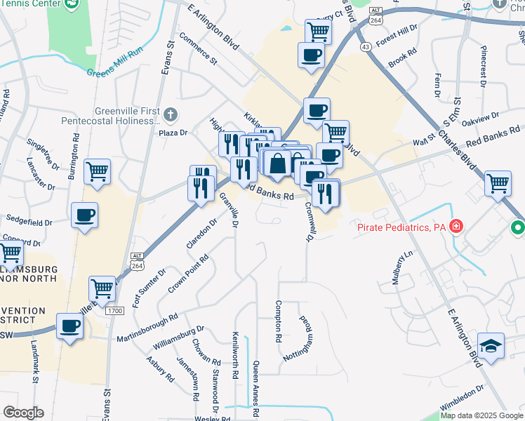 map of restaurants, bars, coffee shops, grocery stores, and more near 3021 Dartmouth Drive in Greenville