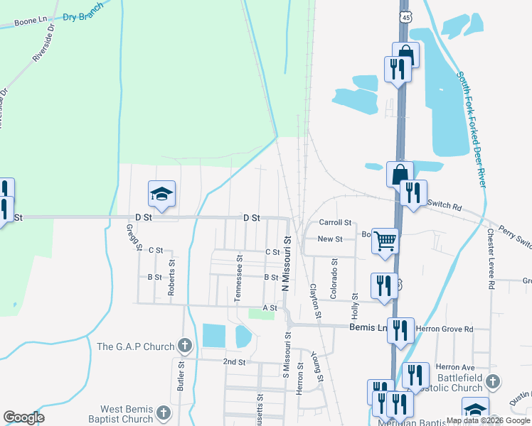 map of restaurants, bars, coffee shops, grocery stores, and more near 223 Massachusetts Street in Jackson