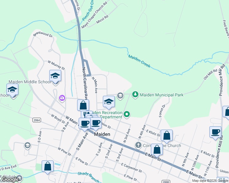 map of restaurants, bars, coffee shops, grocery stores, and more near 1 East Cemetery Street in Maiden