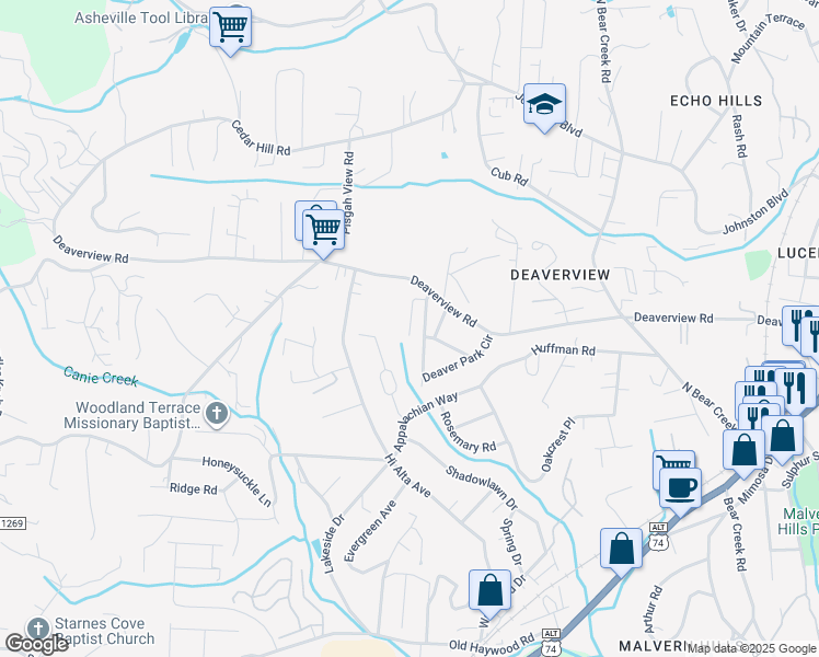 map of restaurants, bars, coffee shops, grocery stores, and more near 71 Deaver Park Circle in Asheville
