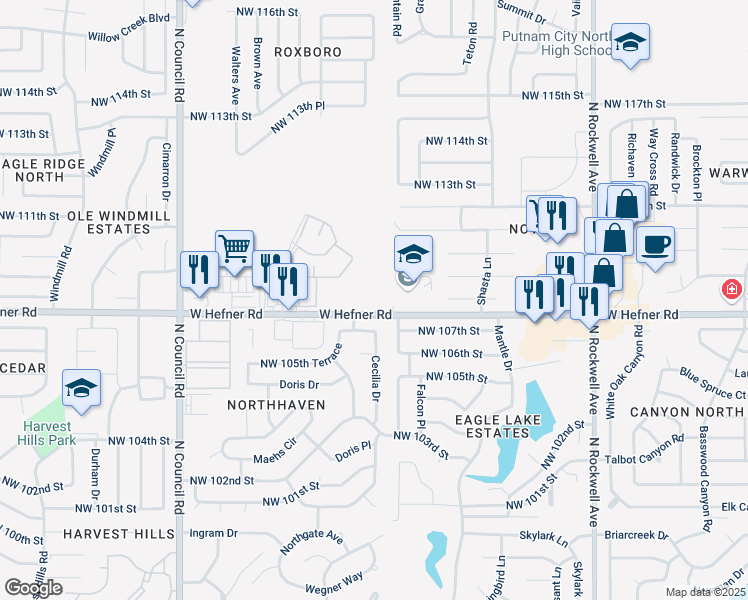 map of restaurants, bars, coffee shops, grocery stores, and more near 7515 Northwest 107th Street in Oklahoma City