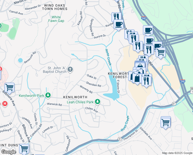 map of restaurants, bars, coffee shops, grocery stores, and more near 4 Duke Street in Asheville