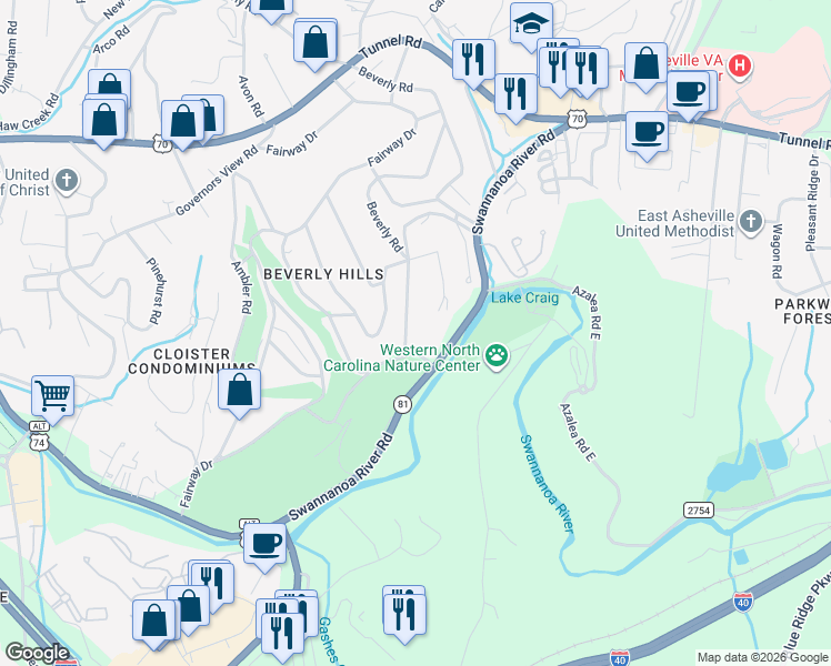 map of restaurants, bars, coffee shops, grocery stores, and more near 90 Kensington Drive in Asheville