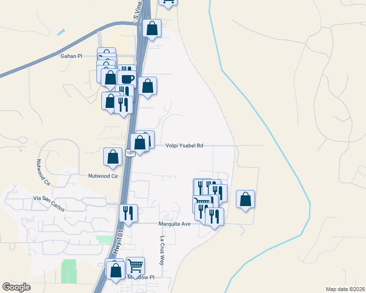 map of restaurants, bars, coffee shops, grocery stores, and more near 2717 Concrete Court in Paso Robles