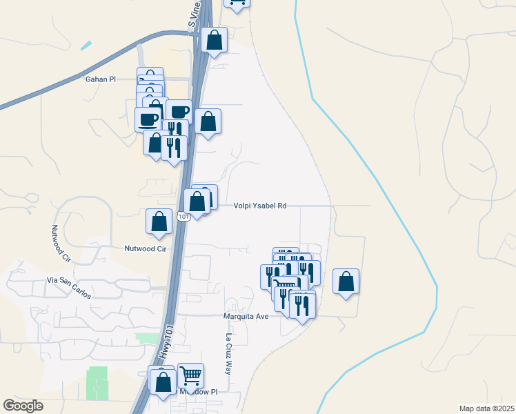 map of restaurants, bars, coffee shops, grocery stores, and more near 2 Volpi Ysabel Road in Paso Robles
