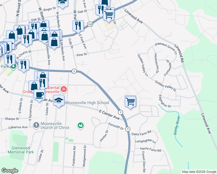 map of restaurants, bars, coffee shops, grocery stores, and more near 846 East Iredell Avenue in Mooresville