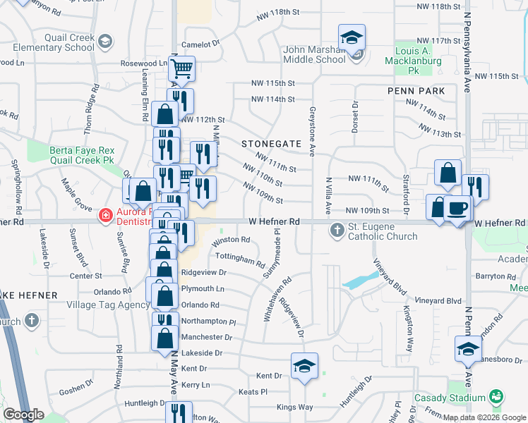 map of restaurants, bars, coffee shops, grocery stores, and more near 2704 West Hefner Road in The Village