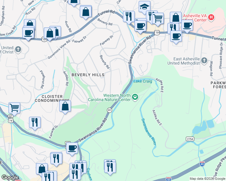 map of restaurants, bars, coffee shops, grocery stores, and more near 90 Kensington Drive in Asheville