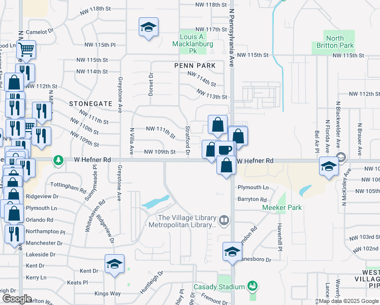 map of restaurants, bars, coffee shops, grocery stores, and more near 2200 West Hefner Road in The Village