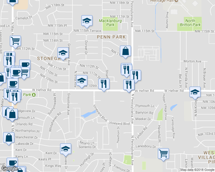map of restaurants, bars, coffee shops, grocery stores, and more near 11140 Stratford Drive in Oklahoma City