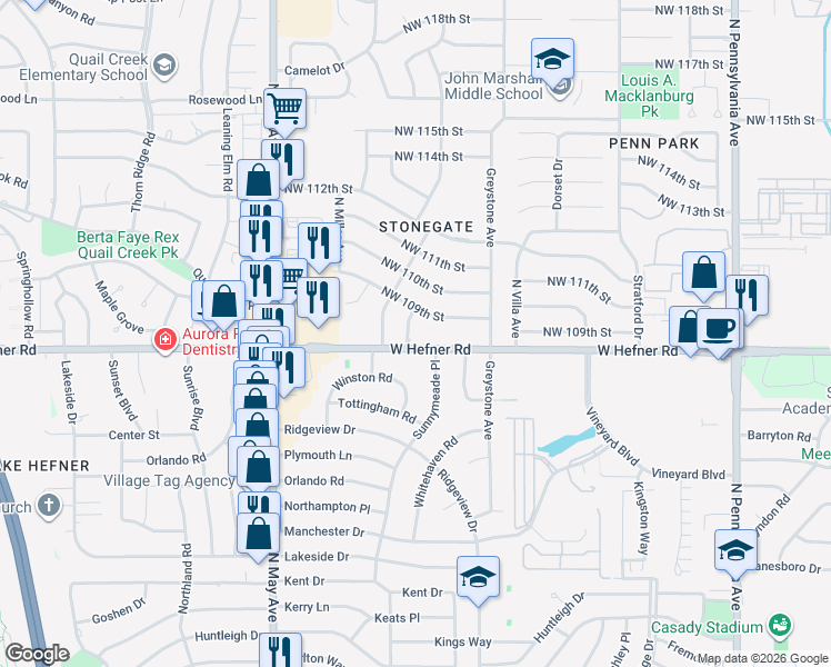 map of restaurants, bars, coffee shops, grocery stores, and more near 2704 West Hefner Road in The Village