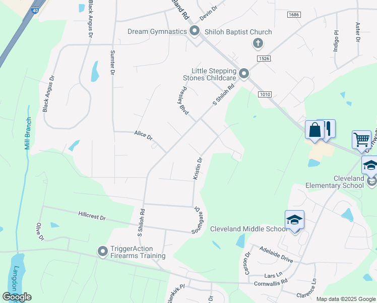 map of restaurants, bars, coffee shops, grocery stores, and more near 1205 Stephen Court in Garner