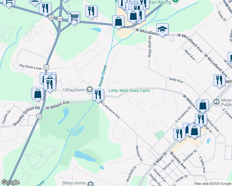 map of restaurants, bars, coffee shops, grocery stores, and more near 549 West Lowrance Avenue in Mooresville