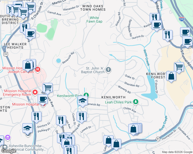 map of restaurants, bars, coffee shops, grocery stores, and more near 67 McClain Street in Asheville