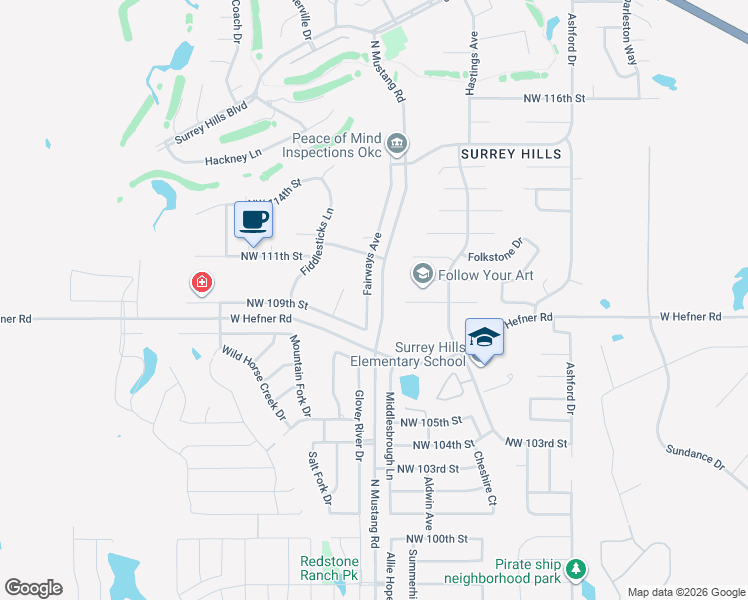 map of restaurants, bars, coffee shops, grocery stores, and more near 11409 Northwest 109th Street in Yukon