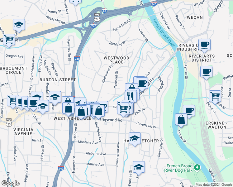 map of restaurants, bars, coffee shops, grocery stores, and more near 19 Tremont Street in Asheville