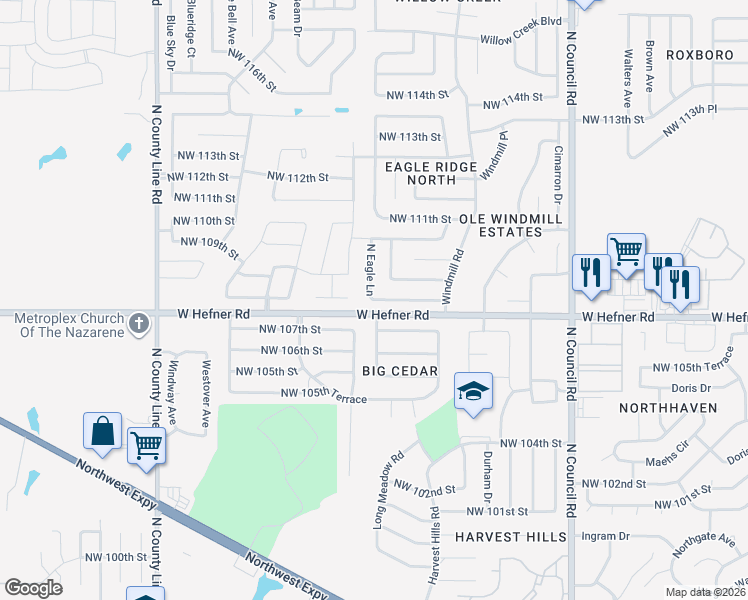 map of restaurants, bars, coffee shops, grocery stores, and more near 8509 Northwest 109th Street in Oklahoma City