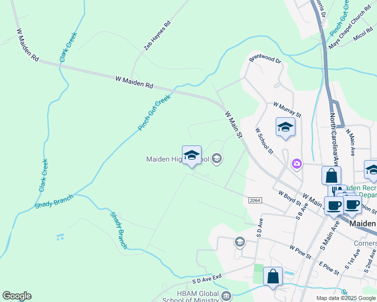map of restaurants, bars, coffee shops, grocery stores, and more near 600 West Main Street in Maiden